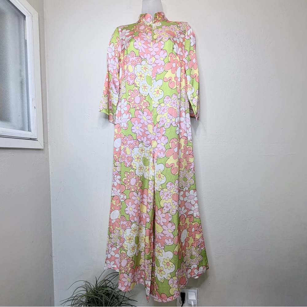 J. Peterman Psychedelic Floral Print Mandarin Collar Wide Leg Retro Mod Jumpsuit - Picture 4 of 16